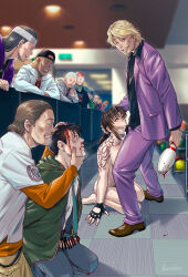  1girl ass azasuke bad_tag bar_censor black_hair black_lagoon bleeding blonde_hair blood bowling_pin breasts brown_hair censored chaka_(black_lagoon) clothed_male_nude_female crying crying_with_eyes_open cum cum_in_mouth cum_in_nose fellatio female fingerless_gloves forced forced_oral forced_to_watch gloves hand_on_another&#039;s_head hand_on_head irrumatio kneeling kneeling_oral_position male multiple_boys netorare nude okajima_rokuro oral penis ponytail public_indecency rape revy shoulder_tattoo tattoo tears voyeur 