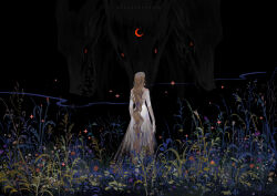  1girl afterblossom bare_shoulders black_background brown_hair cerberus commentary crescent dog english_commentary facing_away flower highres long_hair original persephone_(mythology) plant red_eyes sharp_teeth signature sparkle standing teeth wavy_hair 