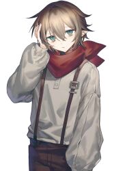 1boy bags_under_eyes bishounen blonde_hair blue_eyes brown_pants buttons closed_mouth commentary english_commentary frown hand_on_own_head highres ilangasa jitome long_sleeves looking_to_the_side male_focus original pants pointy_ears puffy_long_sleeves puffy_sleeves red_scarf scarf shirt short_hair simple_background solo suspenders vampire white_background white_shirt