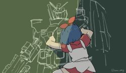 1girl apron blue_hair chalk chalkboard commentary_request cowboy_shot drawing_(action) dress facing_away from_behind gundam hair_ribbon hairband holding holding_chalk knee_up mecha medium_hair mobile_suit_gundam omega_ray omega_sisters puffy_short_sleeves puffy_sleeves red_dress red_hairband red_ribbon ribbon robot rx-78-2 shade short_dress short_sleeves smr_omg solo standing twitter_username virtual_youtuber white_apron