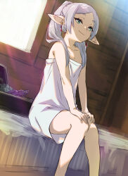  1girl bed bed_sheet bedroom closed_mouth dangle_earrings drop_earrings earrings elf frieren green_eyes highres indoors jewelry kawata_hisashi long_hair looking_at_viewer naked_towel on_bed parted_bangs pointy_ears short_eyebrows sitting smile solo sousou_no_frieren thick_eyebrows towel twintails white_hair white_towel 