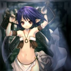  1girl armpits bare_shoulders blue_hair blurry blurry_background character_request child cowboy_shot dual_wielding fantasy flat_chest gensou_seibutsu_zukan gensou_seibutsu_zukan_6 groin highres hitomaru holding loincloth looking_at_viewer midriff original pointy_ears purple_hair red_eyes revealing_clothes short_hair solo standing sword weapon 