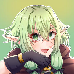  1girl black_gloves bow commentary elf eyelashes gloves goblin_slayer! green_background green_eyes green_hair hair_bow hair_intakes high_elf_archer_(goblin_slayer!) highres inumimiama open_mouth pointy_ears sidelocks solo symbol-only_commentary 
