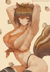 1girl abs animal_ears antenna_hair armpits arms_behind_head bed blazblue breasts brown_hair cleavage covered_erect_nipples cutesexyrobutts highres large_breasts looking_at_viewer makoto_nanaya muscular muscular_female nipple_piercing no_bra piercing pinup_(style) revealing_clothes see-through shirt sideboob solo squirrel_ears squirrel_tail tail thick_thighs thighhighs thighs thong toned underboob underwear rating:Questionable score:128 user:Vardigiil
