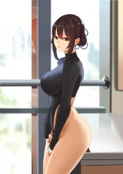 1girl ass bad_id bad_pixiv_id black_leotard blurry breasts brown_eyes brown_hair closed_mouth commentary_request day depth_of_field from_side gongba_laoge hair_bun highleg highleg_leotard indoors large_breasts leaning_on_object leotard original revision sidelocks single_hair_bun solo standing table thighs turtleneck rating:Sensitive score:46 user:danbooru