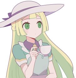  1girl 343rone blonde_hair closed_mouth commentary_request creatures_(company) cup dress eyelashes game_freak green_dress green_eyes hat holding holding_cup lillie_(pokemon) lillie_(special_costume)_(pokemon) long_hair looking_to_the_side nintendo official_alternate_costume pokemon pokemon_masters_ex short_sleeves solo teacup upper_body white_hat 