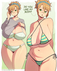  1girl absurdres arms_behind_back artist_name bare_shoulders bikini blush boku_to_misaki-sensei border bra breasts brown_hair choker cleavage closed_mouth clothes_lift collarbone cowboy_shot curvy english_text glasses gradient_background green_background green_bikini green_bra green_eyes green_panties grey_shirt highres huge_breasts long_sleeves looking_at_viewer misaki-sensei multiple_views navel open_mouth panties patreon_username plump satelyte shirt shirt_lift short_hair side-tie_bikini_bottom simple_background solo standing swimsuit underwear white_border 