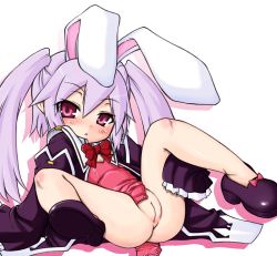  1girl animal_ears ass blush cleft_of_venus expressionless female_focus fumiaki_(humi_ta) highres holding_legs ingrid_sorveig_sorgrims legs leotard loli long_hair looking_at_viewer lotte_no_omocha! lying open_clothes pointy_ears purple_hair pussy rabbit_ears red_eyes robe sleeves_past_wrists solo spread_legs twintails uncensored  rating:Explicit score:116 user:danbooru