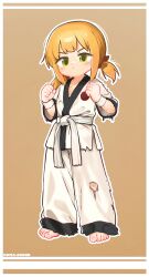  1girl barefoot belt blonde_hair blush border clenched_hand closed_mouth commentary_request cuts dougi full_body green_eyes highres injury kuma-bound low_twintails martial_arts_belt medium_hair original pants short_twintails simple_background solo standing toes torn_clothes torn_pants twintails v-shaped_eyebrows white_belt white_border white_pants yellow_background 