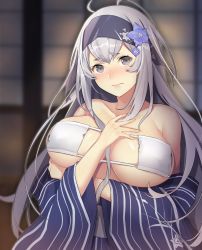 1girl alternate_costume babydoll bad_id bad_twitter_id bare_shoulders bikini bikini_top_only blonde_hair blue_flower blue_kimono blurry blurry_background breast_hold breasts closed_mouth collarbone commentary_request eyepatch_bikini flower grey_eyes hair_flower hair_ornament headband japanese_clothes kamoi_(kancolle) kantai_collection kimono large_breasts long_hair looking_at_viewer pantsu_majirou print_headband silver_hair solo striped_clothes striped_kimono swimsuit thick_eyebrows upper_body vertical-striped_clothes vertical-striped_kimono very_long_hair white_bikini rating:Questionable score:26 user:danbooru