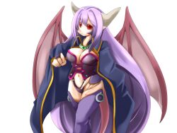  1girl alma_elma black_panties blue_cloak bmp-to-png_conversion breast_tattoo breasts bridal_gauntlets cleavage cloak closed_mouth demon_girl demon_horns demon_wings facial_tattoo feet_out_of_frame frfr game_cg grey_horns hair_between_eyes hand_on_own_hip highleg highleg_panties horns large_breasts leg_tattoo long_hair looking_at_viewer mon-musu_quest! monster_girl navel non-web_source panties pointy_ears purple_bridal_gauntlets purple_hair purple_thighhighs red_eyes simple_background smile solo standing tail tattoo thighhighs transparent_background underwear very_long_hair wings 