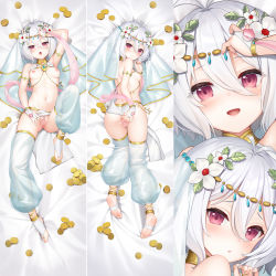 1girl anklet antenna_hair armlet ass bar_censor blush bracelet breasts breasts_apart bridal_gauntlets bridal_legwear censored circlet closed_mouth coin dakimakura_(medium) detached_leggings ears_visible_through_hair female_focus flower full_body gold_coin hair_between_eyes hair_flower hair_ornament highres jewelry kokkoro_(princess_connect!) loli looking_at_viewer lying multiple_views nipples no_shoes on_back on_bed on_stomach open_mouth parted_lips petals princess_connect! pussy red_eyes short_hair small_breasts spread_pussy stirrup_legwear toeless_legwear white_flower white_hair yutian_alice rating:Explicit score:176 user:danbooru