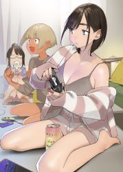 3girls :d barefoot beer_can blonde_hair blue_eyes breasts brown_hair can cleavage commentary commentary_request controller dark_skin douki-chan_(douki-chan) drink_can drinking game_controller ganbare_douki-chan glasses highres holding holding_can holding_controller holding_game_controller indoors joy-con knees_together_feet_apart kouhai-chan_(douki-chan) large_breasts looking_at_another looking_away mole mole_on_breast mole_on_cheek multiple_girls open_mouth shinjin-chan_(douki-chan) short_hair shorts sitting smile striped_clothes striped_shorts thick_eyebrows thighs toes wariza yomu_(sgt_epper) rating:Sensitive score:46 user:danbooru