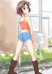  1girl absurdres artist_request ass blush bodypaint boots brown_hair exhibitionism from_behind highres loli looking_back outdoors painted_clothes public_indecency pussy shirt short_hair shorts solo standing t-shirt uncensored walking  rating:Explicit score:97 user:excalibrarian