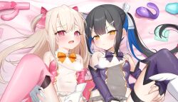  2girls bare_shoulders black_hair blonde_hair blue_hair bow bowtie breasts censored closed_mouth detached_sleeves fate/kaleid_liner_prisma_illya fate_(series) hair_ornament hairpin holding_own_leg illyasviel_von_einzbern loli long_hair lying miyu_edelfelt multicolored_hair multiple_girls necktie open_mouth orange_bow pink_bow pink_eyes pout purple_bow sex_toy short_twintails small_breasts tears thighhighs too_many too_many_sex_toys tsukiman twintails two-tone_hair white_bow yellow_eyes 