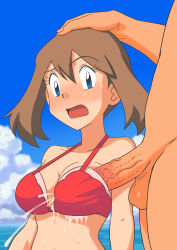 1boy 1girl absurdres bare_arms bikini blue_eyes blush breasts brown_hair cleavage clothed_female_nude_male cloud collarbone commentary_request creatures_(company) cum cum_in_clothes cum_on_body cum_on_breasts cum_on_upper_body day ejaculation eyelashes game_freak hand_on_another&#039;s_head head_out_of_frame height_difference hetero highres looking_down may_(pokemon) medium_breasts medium_hair miraa_(chikurin) nintendo nude open_mouth outdoors penis penis_to_breast penis_under_another&#039;s_clothes pokemon pokemon_(anime) pokemon_rse_(anime) red_bikini sky sweatdrop swimsuit testicles tongue uncensored veins veiny_penis water  rating:Explicit score:340 user:danbooru