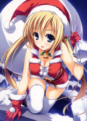  1girl :p absurdres bell belt blonde_hair blue_eyes blush breasts chimney christmas cleavage collar gloves hair_bobbles hair_ornament hat highres holding long_hair midriff navel neck_bell night night_sky original red_gloves sack santa_costume santa_hat sky sleeveless smile solo thighhighs tongue tongue_out twintails white_thighhighs yuuki_hagure  rating:Sensitive score:37 user:danbooru