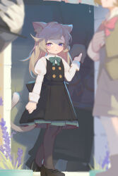  1girl 3boys absurdres aged_down animal_ear_fluff animal_ears back_bow black_bow black_dress black_footwear black_pantyhose blonde_hair blue_bow blue_bowtie blush bow bowtie buttons cat_ears cat_girl cat_tail child dress expressionless female_focus flower footwear_bow genshin_impact grass grey_hair highres holding_hands juliet_sleeves kidnapped kidnapping long_hair long_sleeves lynette_(genshin_impact) lyney_(genshin_impact) messy_hair multiple_boys out_of_frame outdoors pantyhose petticoat puffy_sleeves purple_eyes purple_flower red_bow shoes shorts skirt tail tail_raised villainchin walking white_sleeves 