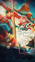 1girl :d animal_ears arknights bell black_footwear bluebluecathy box cat_ears christmas christmas_wreath commentary_request fur-trimmed_sleeves fur_trim gift gift_box goldenglow_(arknights) goldenglow_(maiden_for_the_bright_night)_(arknights) highres holding holding_instrument instrument long_hair long_sleeves looking_at_viewer open_mouth pantyhose pink_hair shoes skirt smile solo train trumpet white_pantyhose white_skirt white_wings wide_sleeves wings wreath
