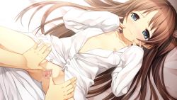  blue_eyes blush bottomless brown_hair cura dress_shirt flat_(company) flat_chest game_cg incest loli long_hair long_sleeves male_hand monobeno no_panties open_clothes pussy pussy_juice sawai_natsuha sawai_tooru shirt sleeves_past_wrists spread_pussy tears third-party_edit uncensored  rating:Explicit score:234 user:huzzaman
