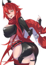  1girl :d absurdres ass black_gloves blush breasts chaps crop_top cropped_jacket fingerless_gloves from_behind gloves goddess_of_victory:_nikke hair_between_eyes headgear highres horns jacket large_breasts leather leather_jacket long_hair mechanical_horns open_mouth orange_eyes red_hair red_hood_(nikke) red_jacket red_scarf scarf simple_background smile solo taiyang_yu very_long_hair white_background 