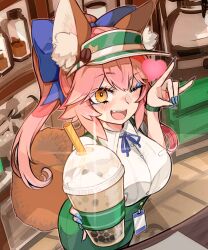  1girl ;d animal_ears blue_bow blue_eyeshadow blue_nails blue_ribbon bow breasts brown_eyes collared_shirt commentary_request cowboy_shot cup discat disposable_cup drink eyeshadow fang fate/extra fate/grand_order fate_(series) fox_ears fox_girl fox_shadow_puppet fox_tail glint green_hat green_skirt hair_bow hat heart highres holding holding_drink id_card incoming_drink looking_at_viewer makeup neck_ribbon one_eye_closed open_mouth overall_skirt pink_hair ribbon shirt skirt smile solo tail tamamo_(fate) tamamo_no_mae_(fate/extra) visor_cap 
