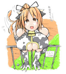 1girl animal_ears animal_print bell neck_bell breast_press breasts collar cow_ears cow_girl cow_print cow_tail fence gloves horns huge_breasts long_hair orange_eyes orange_hair ponytail slave solo tail rating:Questionable score:14 user:danbooru