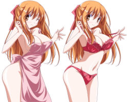  2girls adjusting_bra adjusting_clothes apron bow bow_panties bra breasts brown_eyes cleavage closed_mouth commentary dual_persona hair_bow half_updo hanamaru_youchien kikuchi_tsutomu large_breasts looking_at_viewer multiple_girls naked_apron navel one_eye_closed orange_hair panties pink_apron red_bow red_bra red_panties simple_background smile standing underwear underwear_only white_background yamamoto_nanako 