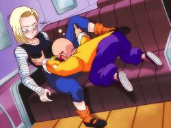  1girl absurdres android_18 bald beard between_legs blonde_hair blue_eyes blush bob_cut breast_grope breasts closed_mouth couch dragon_ball dragonball_z embarrassed facial_hair feet gmr grabbing grabbing_another&#039;s_breast highres indoors kneeling large_breasts leg_lift legs looking_at_another medium_hair muten_roushi old old_man older_man_and_younger_girl pervert raglan_sleeves shoes sitting socks sunglasses thighs 
