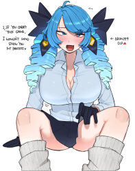 1girl ahoge black_bow black_gloves blue_hair blush bow breasts collared_shirt drill_hair english_text fang gloves gwen_(league_of_legends) hair_bow large_breasts league_of_legends long_hair looking_at_viewer loose_socks ohasi shirt skin_fang skirt smile socks solo sweat symbol-shaped_pupils twin_drills twintails white_background rating:Sensitive score:28 user:danbooru