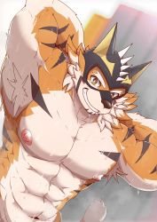 1boy abs animal_ears armpit_hair armpits arms_behind_back bara beige_fur bodysuit facial_hair furry furry_male goatee highres large_pectorals live_a_hero madara_moyou male_focus mask mature_male medium_hair muscular muscular_male navel nipples nude orange_bodysuit orange_fur pectorals ryekie_(live_a_hero) showering smile solo spikes stomach stubble tail tiger_boy tiger_ears tiger_tail two-tone_fur wet rating:Sensitive score:2 user:danbooru
