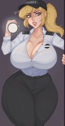 1girl blonde_hair breasts cleavage curvy female_focus five_nights_at_freddy&#039;s five_nights_at_freddy&#039;s:_security_breach flashlight green_eyes heart highres huge_breasts lips parted_lips partially_unbuttoned ponytail solo spookiebuni sweat thick_lips thick_thighs thighs vanessa_(fnaf) wide_hips rating:Questionable score:196 user:catonfire26