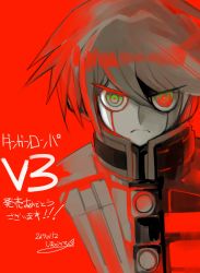  1boy android armor commentary_request danganronpa_(series) danganronpa_v3:_killing_harmony dated frown grey_hair hair_between_eyes highres k1-b0 looking_at_viewer male_focus pale_skin red_background red_eyes red_theme shimadoriru short_hair signature solo translation_request upper_body v-shaped_eyebrows 