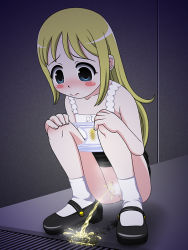  1girl alley ana_coppola black_footwear black_skirt blonde_hair blue_eyes blush blush_stickers cleft_of_venus clothes_lift clothes_pull collarbone drain_(object) hands_on_own_knees ichigo_mashimaro loli panties panty_pull pee pee_stain peeing polka_dot polka_dot_panties polka_dot_print polka_dot_underwear print_clothes print_panties print_underwear puddle pussy skirt skirt_lift smile socks solo squatting stain stained_clothes stained_panties stained_underwear uncensored underwear underwear_pull white_panties white_socks yason_shain 