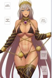  1girl abs bare_shoulders bikini black_bikini black_thighhighs blue_eyes blush breasts chain cleavage commentary dark-skinned_female dark_skin english_commentary english_text fate/grand_order fate_(series) grey_hair highres large_breasts long_hair lvl_(sentrythe2310) navel open_mouth sideboob simple_background smile solo stomach swimsuit teeth thighhighs thighs underboob upper_teeth_only white_background zenobia_(fate) 