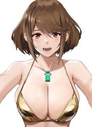  1girl alternate_hair_color bare_shoulders bikini breasts brown_hair chest_jewel cleavage commission gold_bikini highres j@ck large_breasts looking_at_viewer open_mouth pyra_(xenoblade) red_eyes short_hair simple_background solo swept_bangs swimsuit upper_body white_background xenoblade_chronicles_(series) xenoblade_chronicles_2  rating:Sensitive score:19 user:danbooru