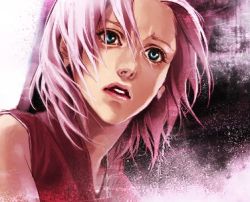  1girl alternate_eye_color bare_shoulders blue_eyes female_focus haruno_sakura lily_(artist) lips looking_to_the_side lowres naruto_(series) naruto_shippuuden parted_lips pink_hair red_shirt shirt short_hair sleeveless sleeveless_shirt solo upper_body wind  rating:Questionable score:20 user:danbooru