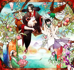  3boys ^_^ basket bead_bracelet beads black_eyes black_kimono black_sleeves boots border bracelet bridge brown_footwear buttons character_request closed_eyes closed_mouth club club_(weapon) coat coattails cockatrice collarbone collared_coat commentary_request day dog eyeshadow food frown fruit fruit_basket full_body green_kimono hakutaku_(hoozuki_no_reitetsu) hat head_scarf holding holding_basket holding_club holding_food holding_fruit hoozuki_(hoozuki_no_reitetsu) hoozuki_no_reitetsu horns japanese_clothes jewelry kibi_(kibi.ibik) kimono lab_coat lake leaf long_sleeves looking_at_another makeup male_focus multiple_boys on_branch open_mouth ornate_border outdoors over_shoulder pants pantyhose peach pointy_ears puffy_short_sleeves puffy_sleeves rabbit red_border red_bracelet red_eyeshadow sandals shirt_grab short_sleeves single_horn sitting sitting_on_branch small_horns smile spiked_club weapon weapon_over_shoulder white_coat white_footwear white_hat white_horns white_pants white_pantyhose white_sleeves wide_sleeves zouri 