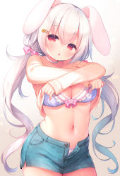 1girl :o animal_ears blue_bra blue_panties blue_skirt bow bow_bra bra breasts brown_background brown_sweater cleavage commentary_request denim denim_skirt gradient_background hair_between_eyes hair_bow hair_ornament hairclip head_tilt highres long_hair long_sleeves looking_at_viewer low_twintails medium_breasts navel open_clothes open_fly open_skirt original panties parted_lips pink_bow rabbit_ears red_eyes ribbed_sweater skirt sleeves_past_wrists solo sweater twintails underwear undressing usashiro_mani very_long_hair white_background white_hair rating:Sensitive score:19 user:danbooru