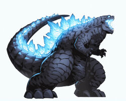 absurdres blue_eyes chibi claws crossover dinosaur giant giant_monster glowing glowing_eyes glowing_mouth glowing_spikes godzilla godzilla_(series) godzilla_x_kong:_the_new_empire highres kaijuu king_kong_(series) legendary_pictures monster monsterverse no_humans onion_maru open_mouth roaring sharp_teeth simple_background spikes tail teeth toho tongue white_background