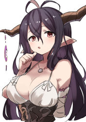 1girl :o bandaged_arm bandages black_hair breasts cleavage danua draph gazacy_(dai) granblue_fantasy hair_between_eyes highres horns jewelry large_breasts long_hair looking_at_viewer necklace pointy_ears red_eyes simple_background solo upper_body white_background rating:Sensitive score:15 user:danbooru
