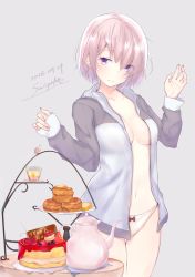 1girl artist_name bow bow_panties breasts bug butterfly cake dated fate/grand_order fate_(series) food grey_background hair_over_one_eye highres hood hoodie insect light_purple_hair long_sleeves looking_at_viewer mash_kyrielight medium_breasts napkin navel no_bra open_clothes open_hoodie panties plate purple_eyes sai_(saipoko) short_hair sleeves_past_wrists smile solo teapot thigh_gap underwear rating:Questionable score:5 user:danbooru