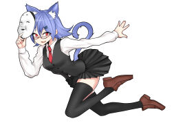  1girl absurdres animal_ears asha black_skirt black_thighhighs black_vest blue_hair borrowed_character breasts brown_footwear cat_ears cat_girl commentary_request full_body glasses hair_between_eyes hair_ornament hairclip highres holding holding_mask jumping loafers long_sleeves looking_at_viewer mask medium_bangs miniskirt necktie noh_mask open_mouth orange-framed_eyewear original pleated_skirt red_eyes red_necktie shoes short_hair simple_background skirt small_breasts smile solo thighhighs vest white_background 