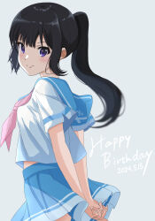  1girl absurdres arms_behind_back blue_sailor_collar blue_skirt closed_mouth dated from_side grey_background happy_birthday hibike!_euphonium high_ponytail highres kitauji_high_school_uniform kousaka_reina looking_at_viewer neckerchief pink_neckerchief pleated_skirt purple_eyes rozario_0112 sailor_collar school_uniform serafuku short_sleeves simple_background skirt smile solo summer_uniform 
