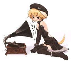  1girl animal_ears bare_shoulders beret black_legwear blonde_hair blush boots collar deathmetal dog_ears dog_tail duplicate elbow_gloves fine_art_parody gloves hat his_master&#039;s_voice miniskirt open_mouth parody phonograph pillow record refeia short_hair sitting skirt solo tail thighhighs translation_request zettai_ryouiki zipper  rating:Questionable score:6 user:danbooru