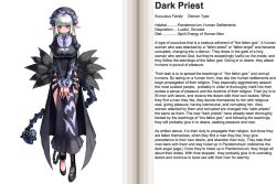 1girl breasts character_profile cleavage cleavage_cutout clothing_cutout dark_priest english_text hard-translated kenkou_cross loincloth medium_breasts monster_girl monster_girl_encyclopedia official_art pointy_ears solo third-party_edit translated rating:Sensitive score:119 user:danbooru