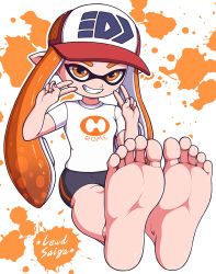  1girl barefoot baseball_cap bike_shorts black_shorts child domino_mask english_text eyebrows fangs feet feet_together female_focus fingernails flat_chest foot_focus grin hands_up happy hat inkling_player_character legs legs_together lewdsaiga loli looking_at_viewer mask monster_girl multicolored_clothes multicolored_headwear neck nintendo orange_eyes orange_hair orange_tentacles paint_splatter pants pointy_ears print_headwear print_shirt shirt short_shorts short_sleeves shorts sitting skin_tight smile smug soles splatoon_(series) splatter_background squid_girl t-shirt tentacle_hair thighs tight_clothes tight_pants tight_shirt toes v white_shirt  rating:Sensitive score:58 user:Cane751