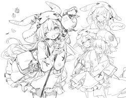  &gt;_&lt; 2girls :&gt; ;d animal_hat animal_hood bacheally bag blush closed_eyes closed_mouth collared_shirt commentary_request cowboy_shot food frilled_skirt frills fruit greyscale hat height_difference high_collar highres holding holding_another&#039;s_arm holding_staff hood hood_up jacket leg_up lineart long_hair long_sleeves looking_at_another looking_at_viewer looking_back merc_storia monochrome multiple_girls multiple_views one_eye_closed open_mouth pantyhose rabbit_hood shirt shoulder_bag simple_background sketch skirt sleeves_past_wrists smile staff white_background 
