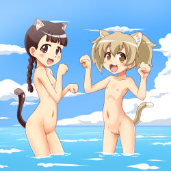 2girls :3 :d animal_ears black_eyes black_hair blonde_hair blush brown_eyes cat_ears cat_girl cat_tail cleft_of_venus cloud female_focus flat_chest goriate happy loli long_hair multiple_girls navel nipples noriko_(sengoku_collection) nude ocean open_mouth outdoors paw_pose pussy sengoku_collection short_hair sky smile tail thighs toyotomi_hideyoshi_(sengoku_collection) uncensored wading water rating:Explicit score:66 user:sytalidis