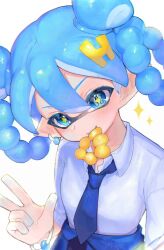  +_+ 1girl arm_up blue_eyes blue_hair blue_jacket blue_necktie bracelet braided_hair_rings clothes_around_waist collared_shirt commentary_request d_msy8 double_bun doughnut earrings eating food food_in_mouth hair_bun hair_ornament hair_rings highres inkling inkling_girl inkling_player_character jacket jacket_around_waist jewelry letter_hair_ornament light_blush mouth_hold necktie nintendo pointy_ears pon_de_ring shirt sleeves_rolled_up solo sparkle splatoon_(series) tentacle_hair upper_body w white_background white_shirt 